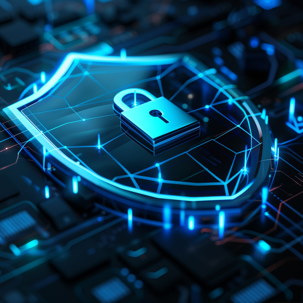 3D illustration of shield with lock and digital data network, blue color theme, isometric view, on dark background, concept for cyber security technology or online protection, detailed design, high resolution --ar 16:9 Job ID: fd295fbe-f95b-4c9b-a74c-1a67df883f9c